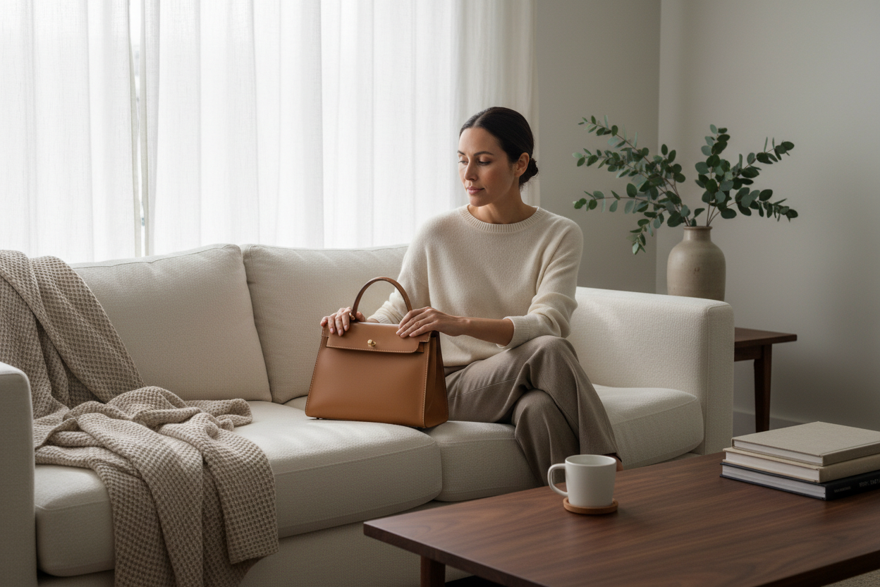 Minimal living room scene with a woman embracing quiet luxury through elegant, timeless style and intentional decor
